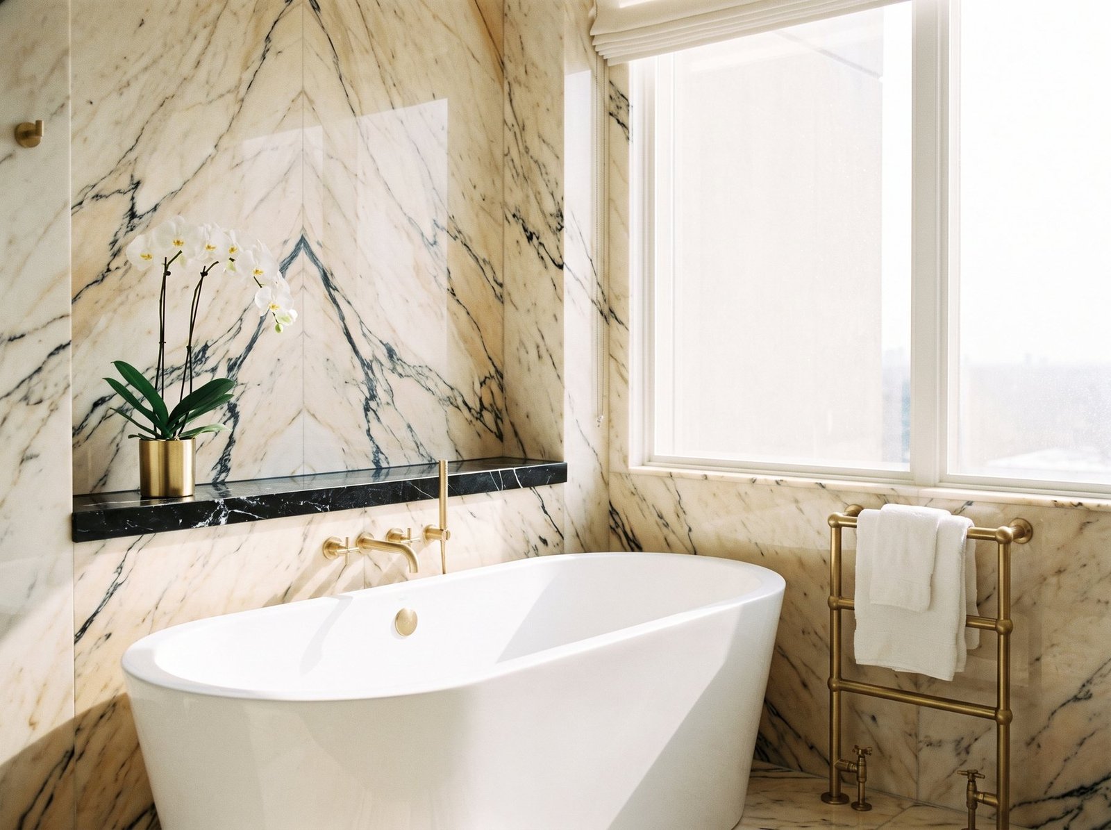 Spotless luxury bathroom with freestanding tub