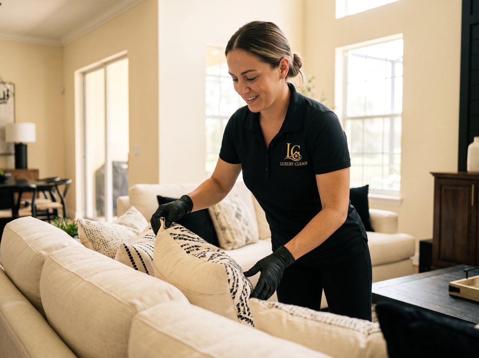 LC Luxury Clean professional arranging pillows in a bright living room