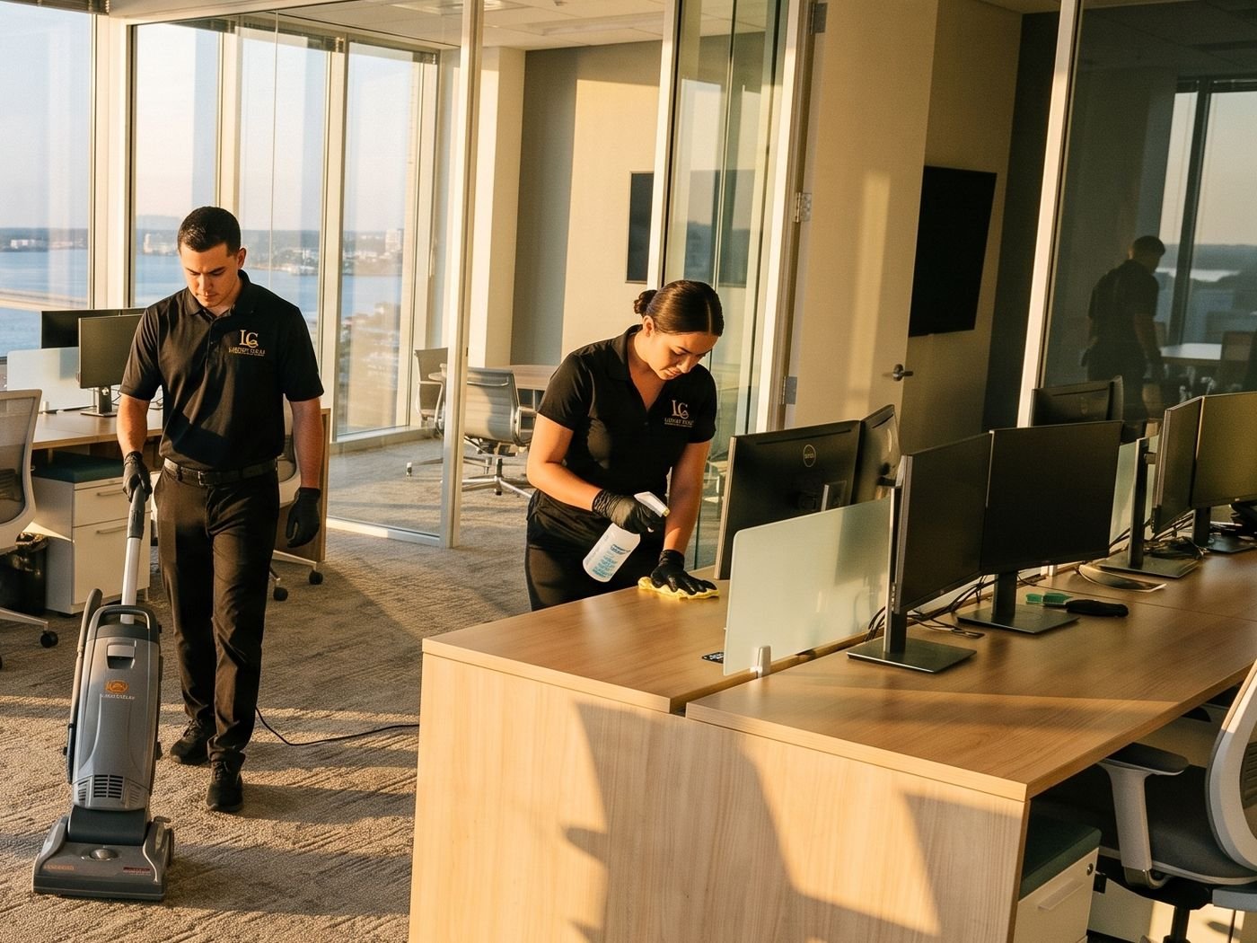 LC Luxury Clean team vacuuming and wiping desks in a high-rise office in Jacksonville
