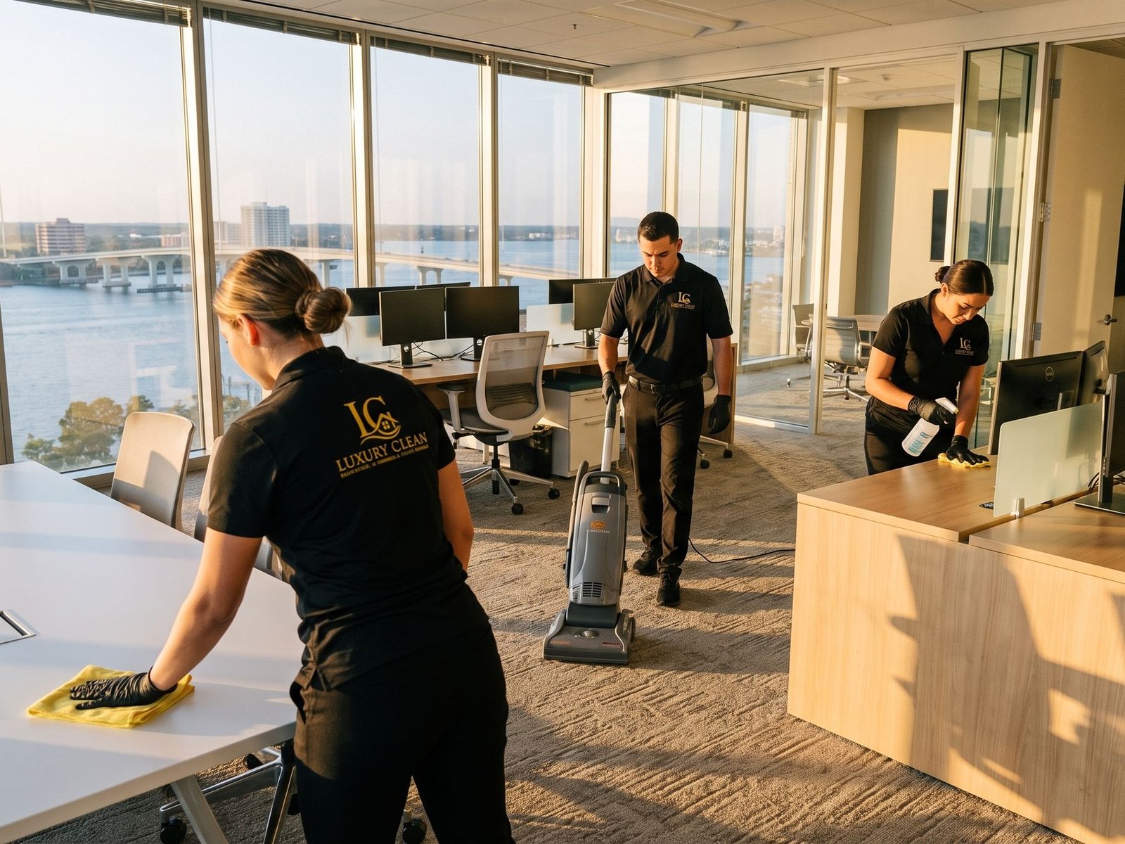 LC Luxury Clean team cleaning a high-rise office overlooking the St. Johns River in Jacksonville
