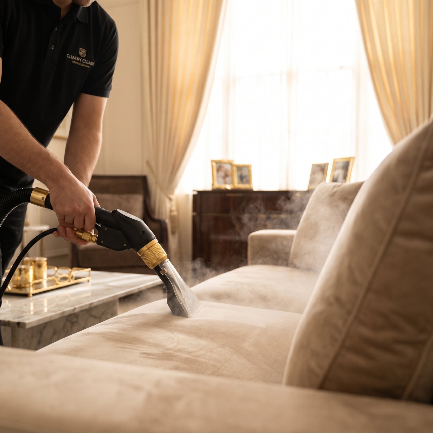 Sofa cushion being sanitized