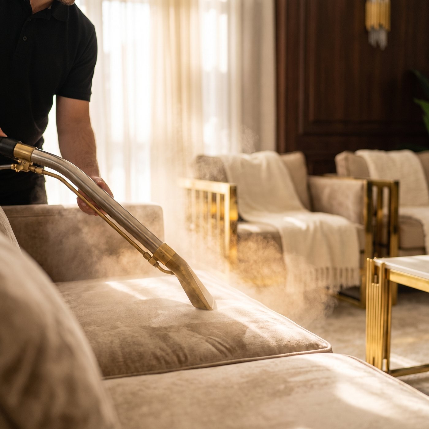 Upholstery sanitizing on a velvet sofa