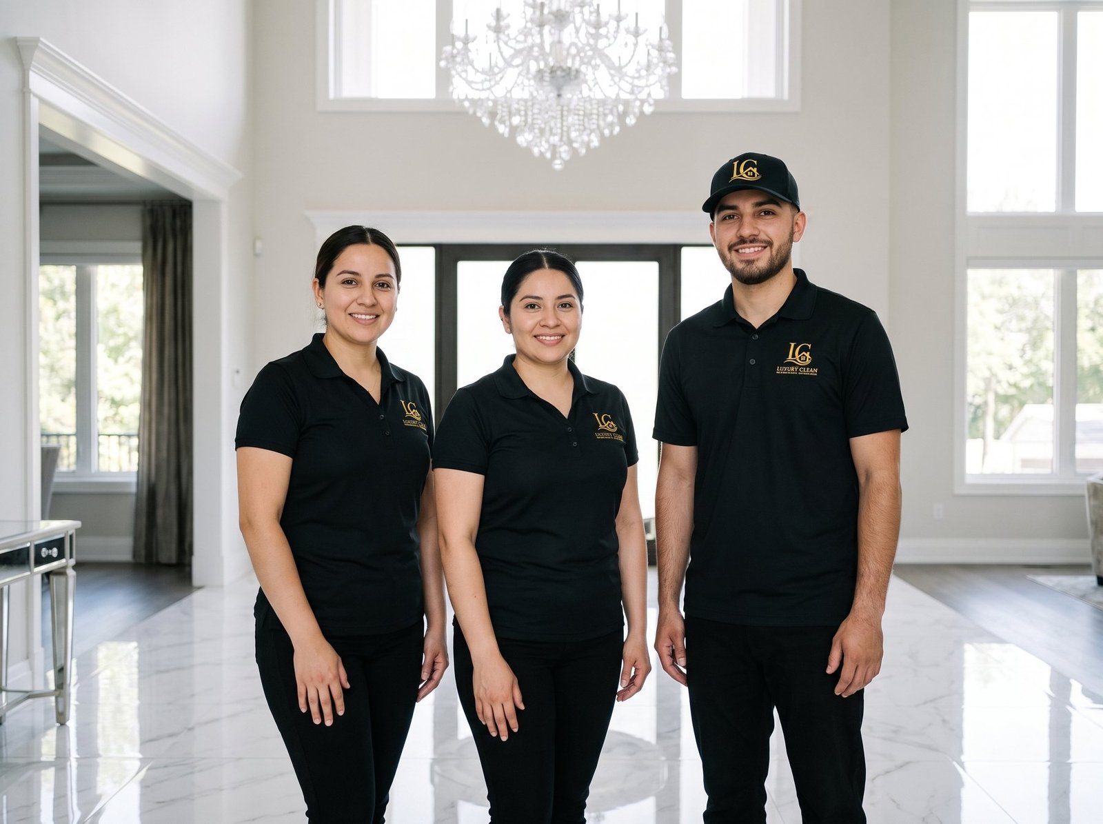 LC Luxury Clean Services team in a bright luxury foyer