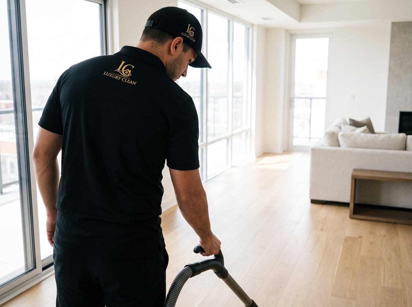 Professional vacuuming a light oak floor