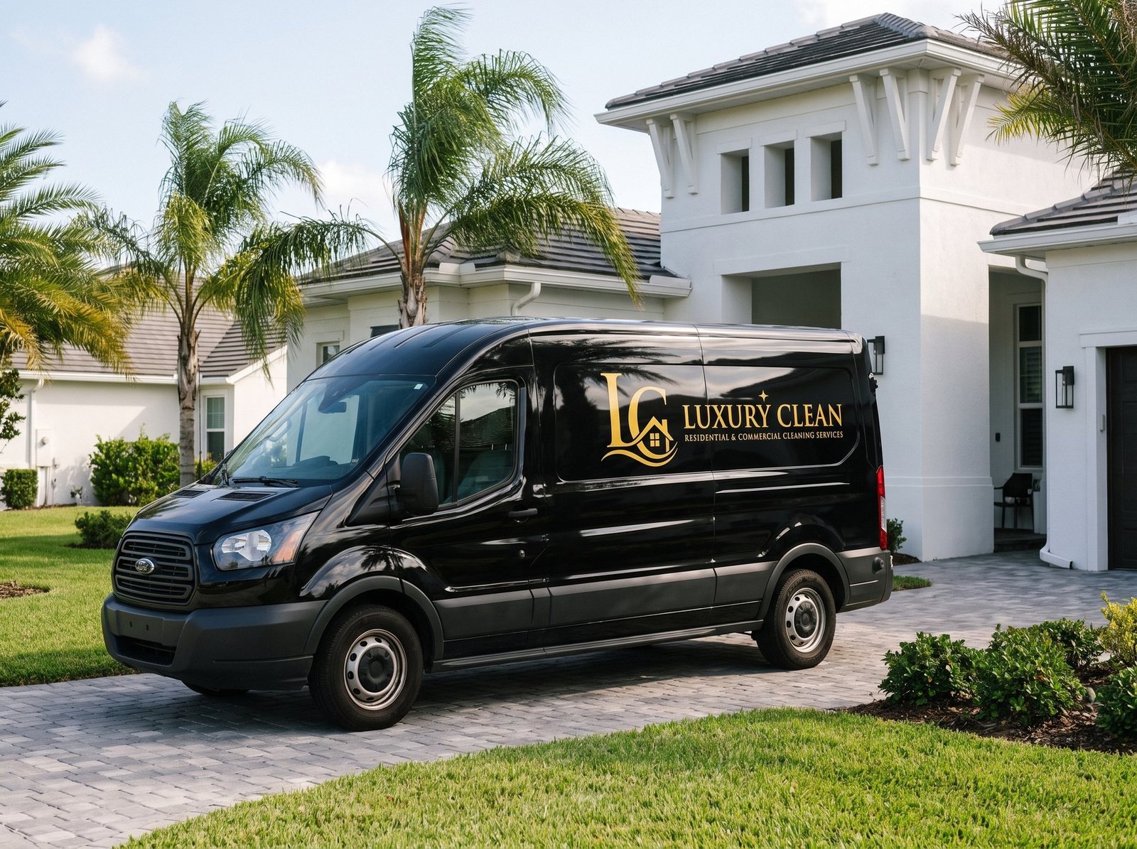 LC Luxury Clean van parked at a luxury home in Jacksonville